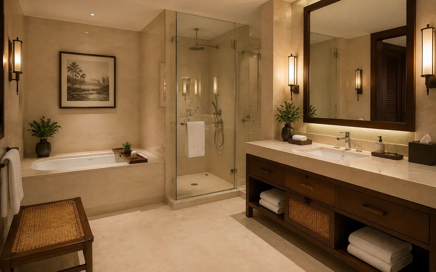 Fivestar Hotel Executive Suite bathroom with limestone tub, shower, and teak vanity