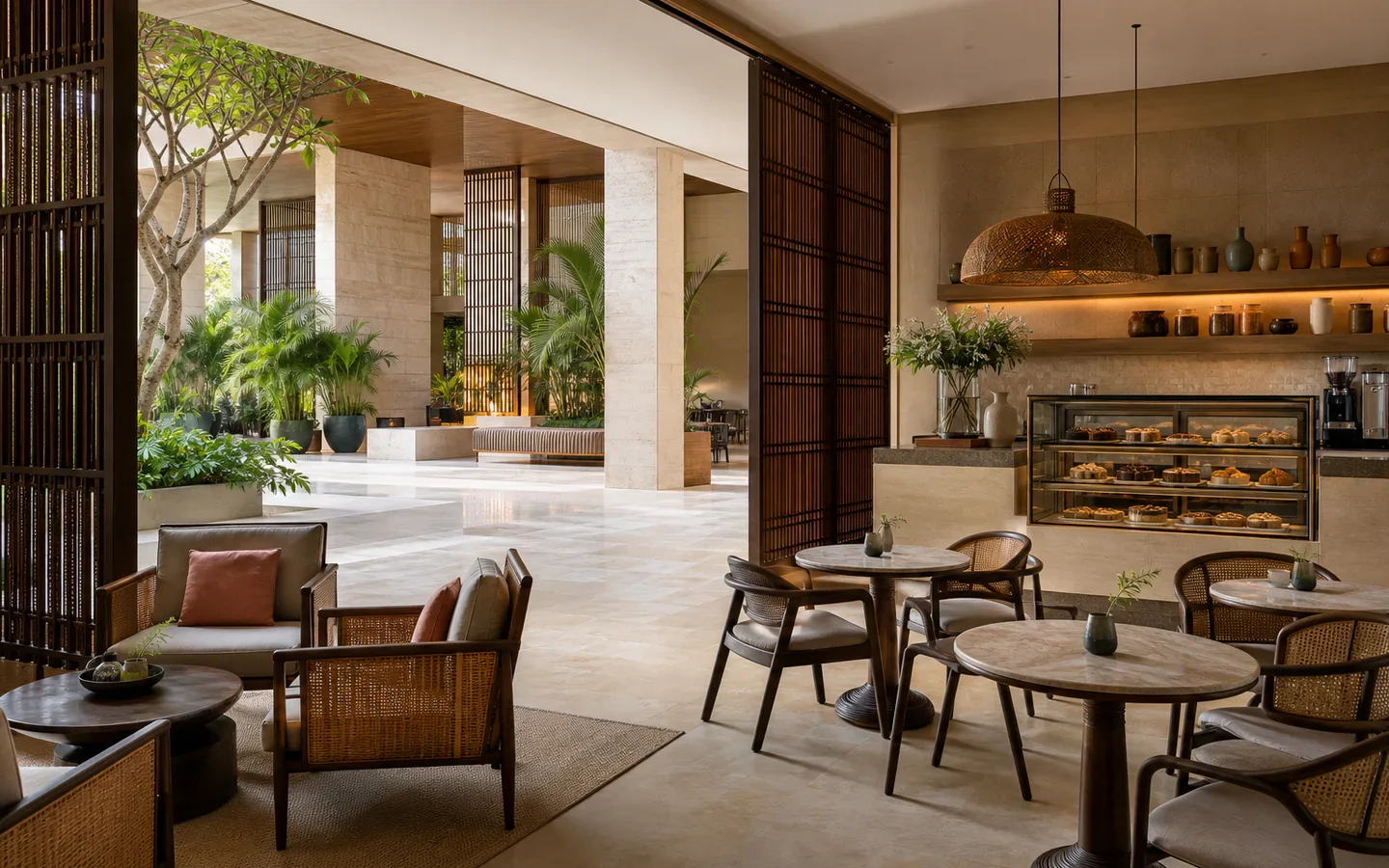 The Courtyard cafe beside the planted lobby with cane seating and a pastry display