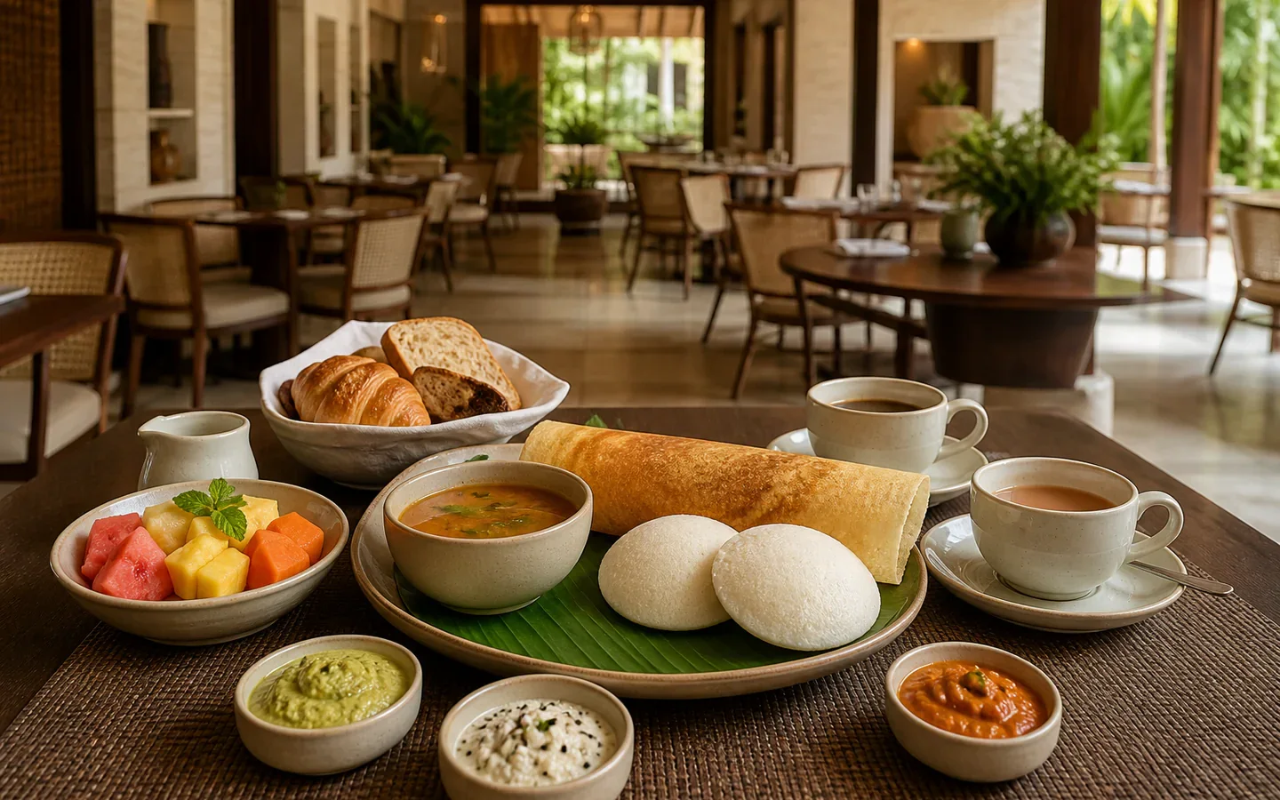 Fivestar Hotel breakfast table with idli, dosa, fruit, bread, tea, and coffee