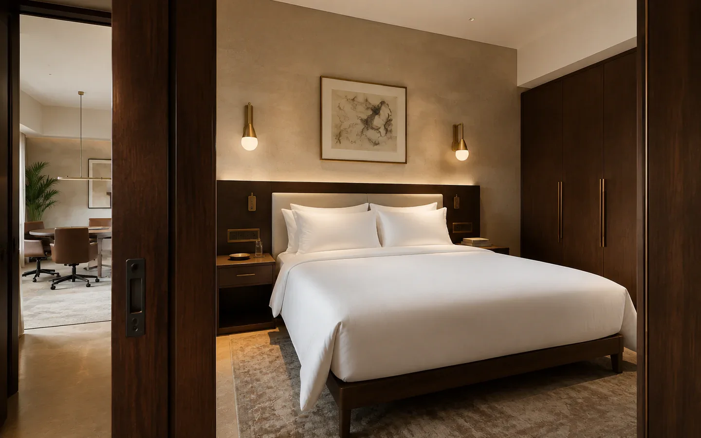 Fivestar Hotel Business Suite king bedroom opening toward work lounge
