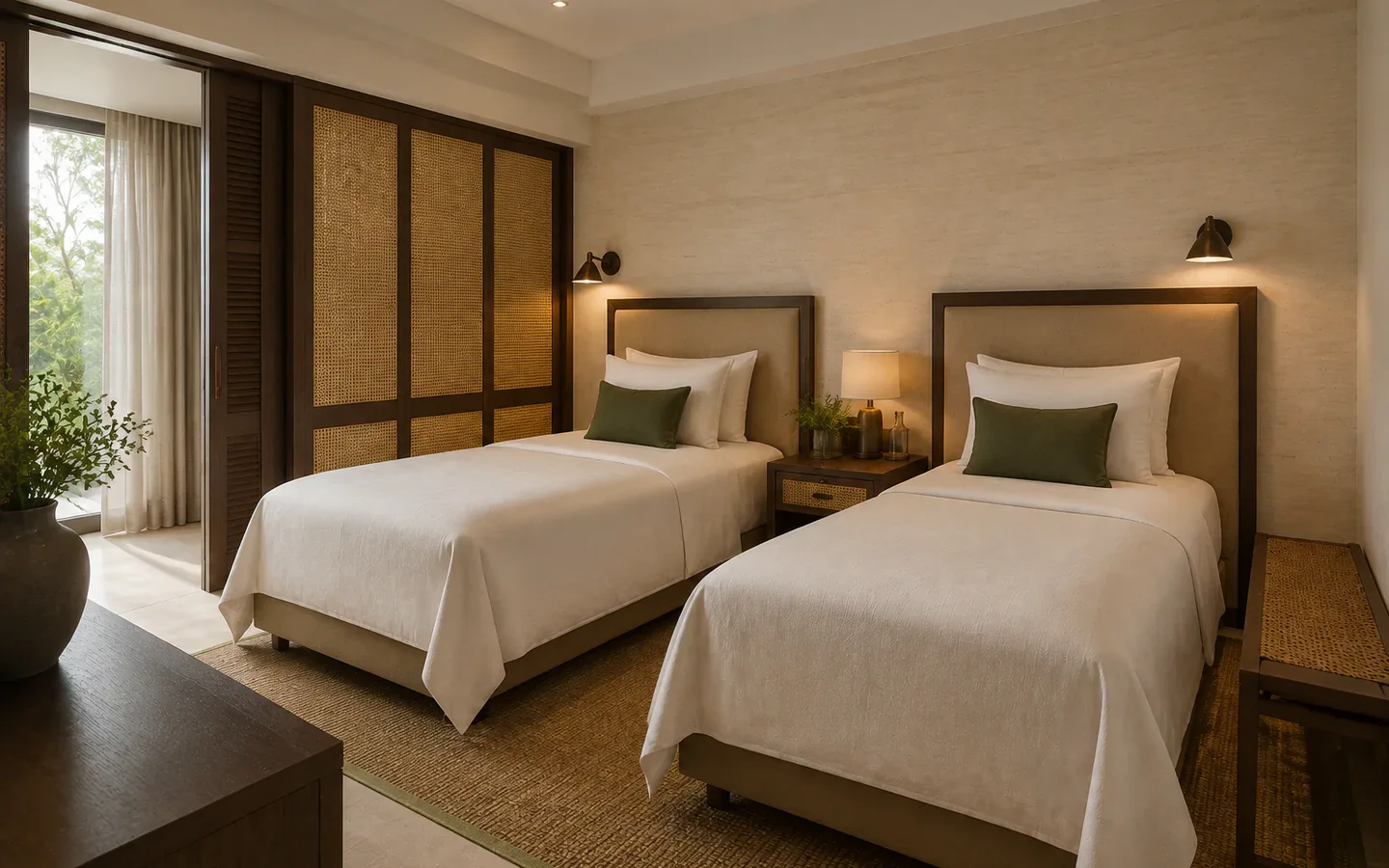 Fivestar Hotel Marina Family Suite twin sleeping area with two beds and cane divider
