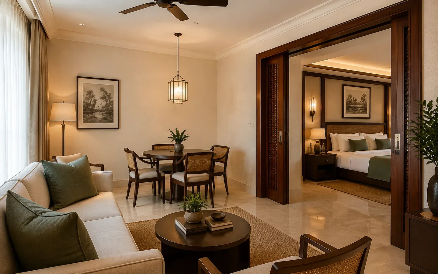 Fivestar Hotel Executive Suite living room with dining nook and bedroom beyond