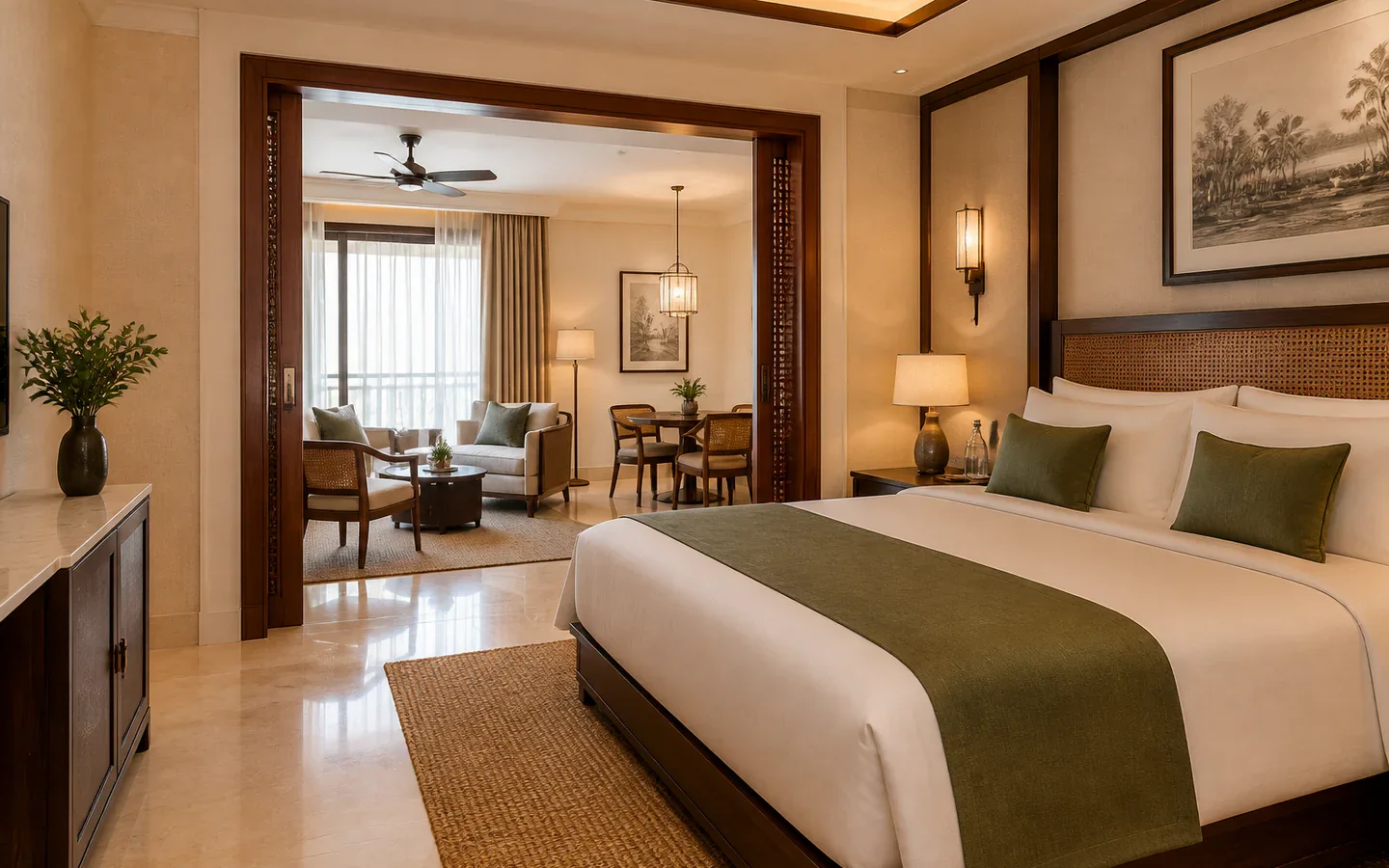 Fivestar Hotel Executive Suite bedroom opening to a separate lounge and dining nook
