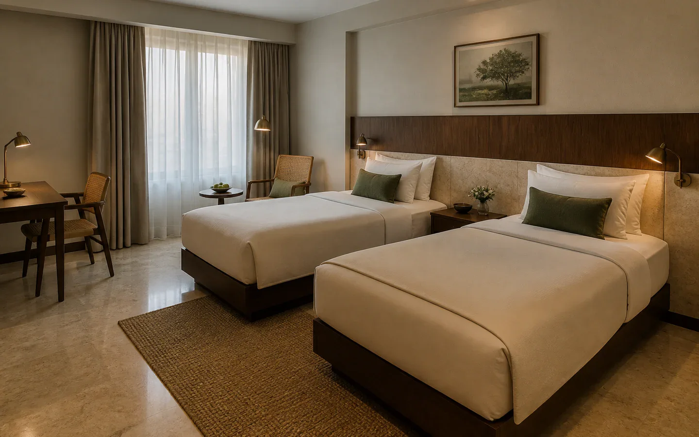 Fivestar Hotel Deluxe Twin Room with two beds, a work desk, and forest-green accents