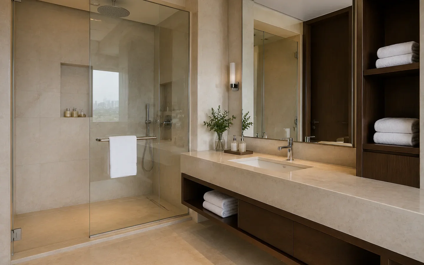 Fivestar Hotel Business Suite bathroom with limestone vanity and glass shower