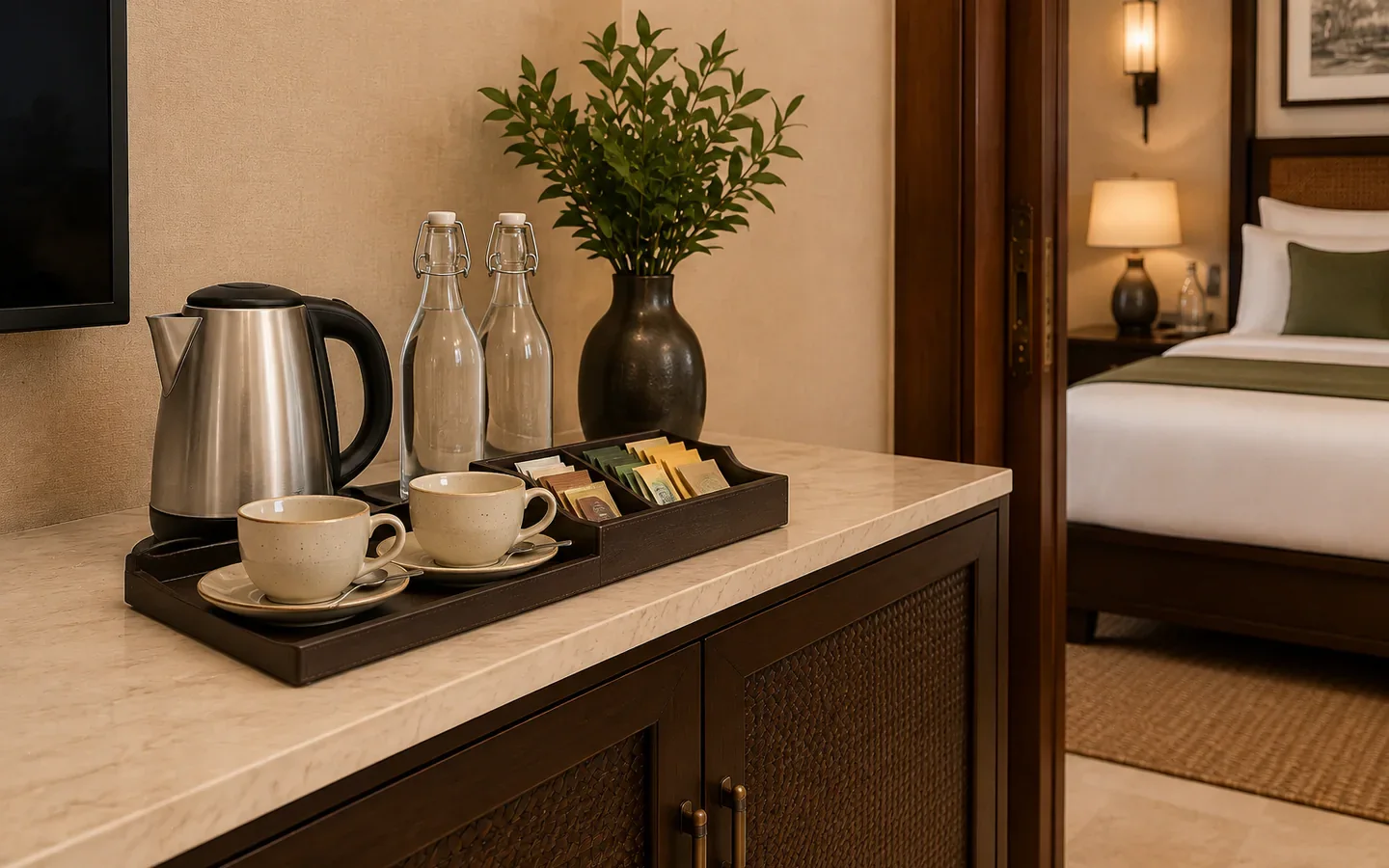 Fivestar Hotel Executive Suite hospitality cabinet with kettle, cups, and water bottles