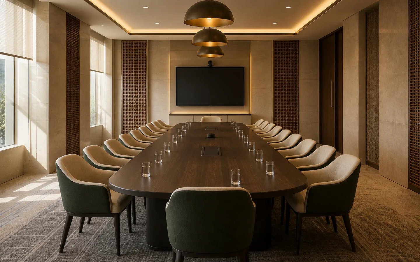 Fivestar Hotel Pearl Boardroom with a fixed teak table, eighteen chairs, and a blank display