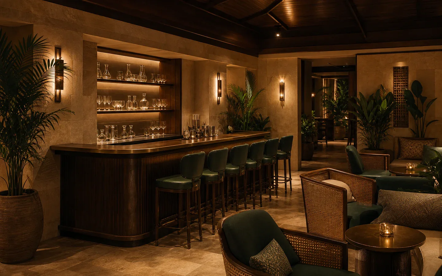 Fivestar Hotel cocktail bar with plain glass decanters, green stools, and cane seating
