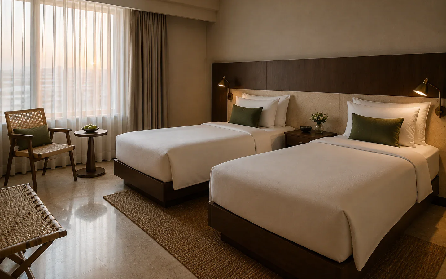 Fivestar Hotel Deluxe Twin Room with two beds, limestone headwall, and cane chair