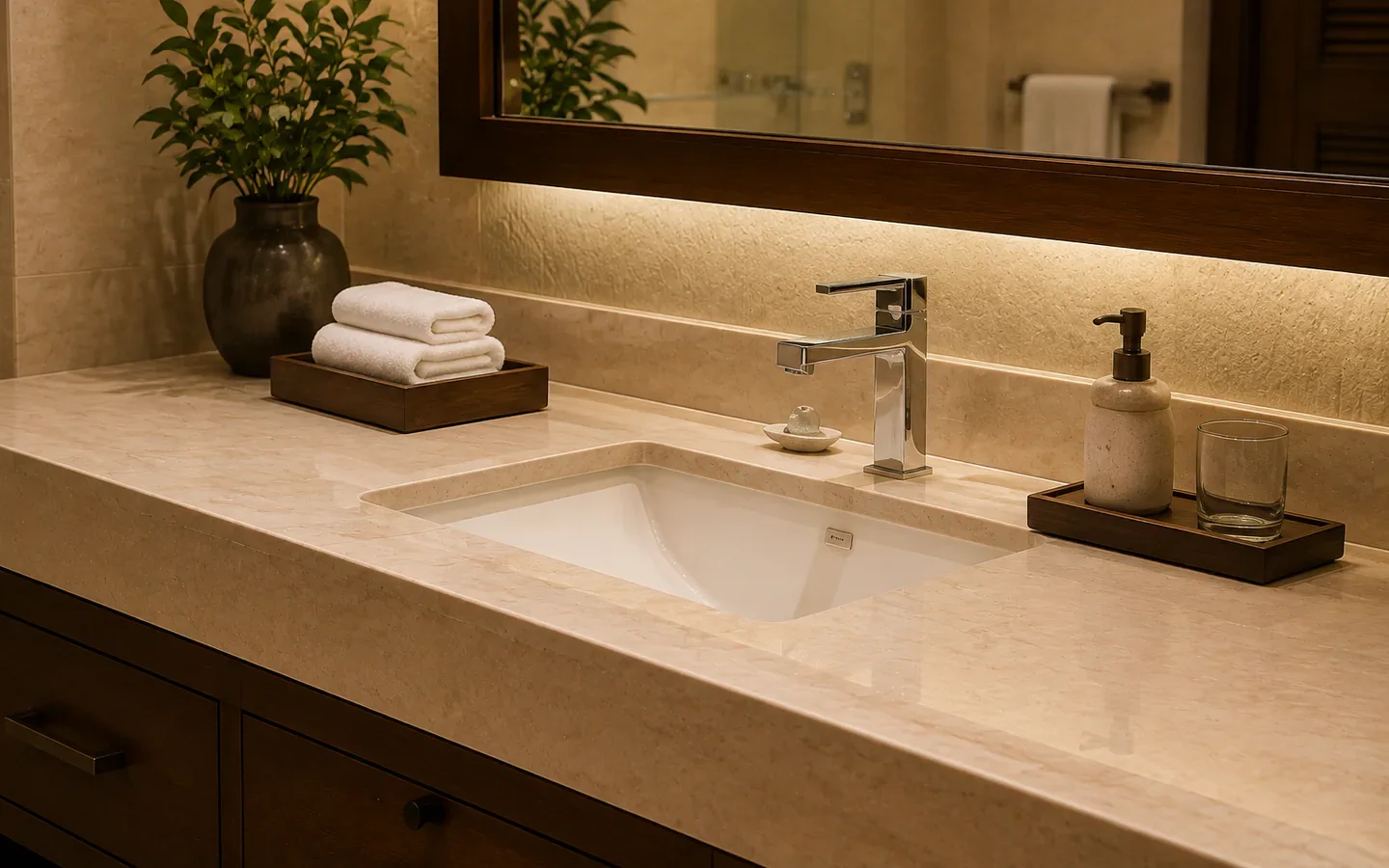 Fivestar Hotel Executive Suite limestone vanity with folded towels