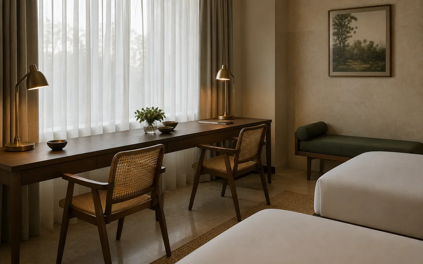 Fivestar Hotel Deluxe Twin Room shared teak workspace with two cane chairs