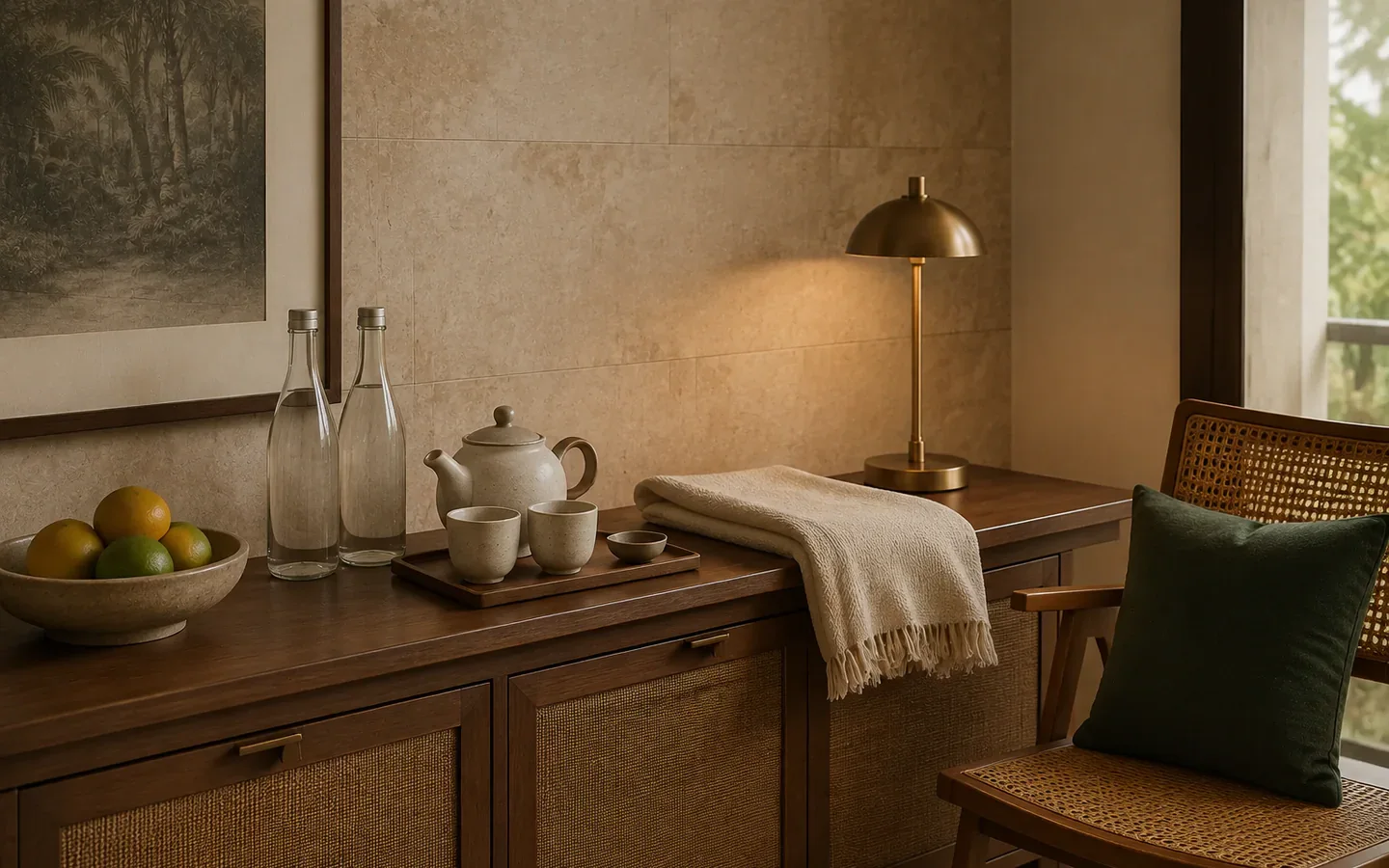 Fivestar Hotel Deluxe King Room tea service on a teak hospitality console