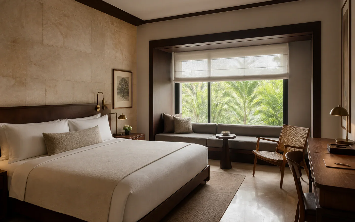 Fivestar Hotel Deluxe King Room with cream bedding, a work desk, and a window seat