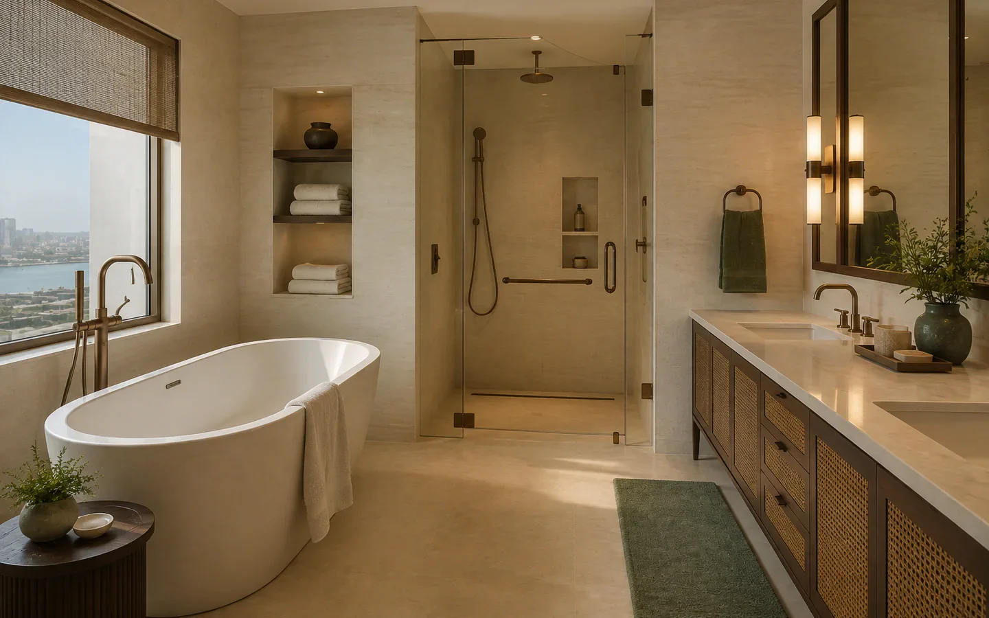 Fivestar Hotel Marina Family Suite bathroom with soaking tub, shower, and teak vanity