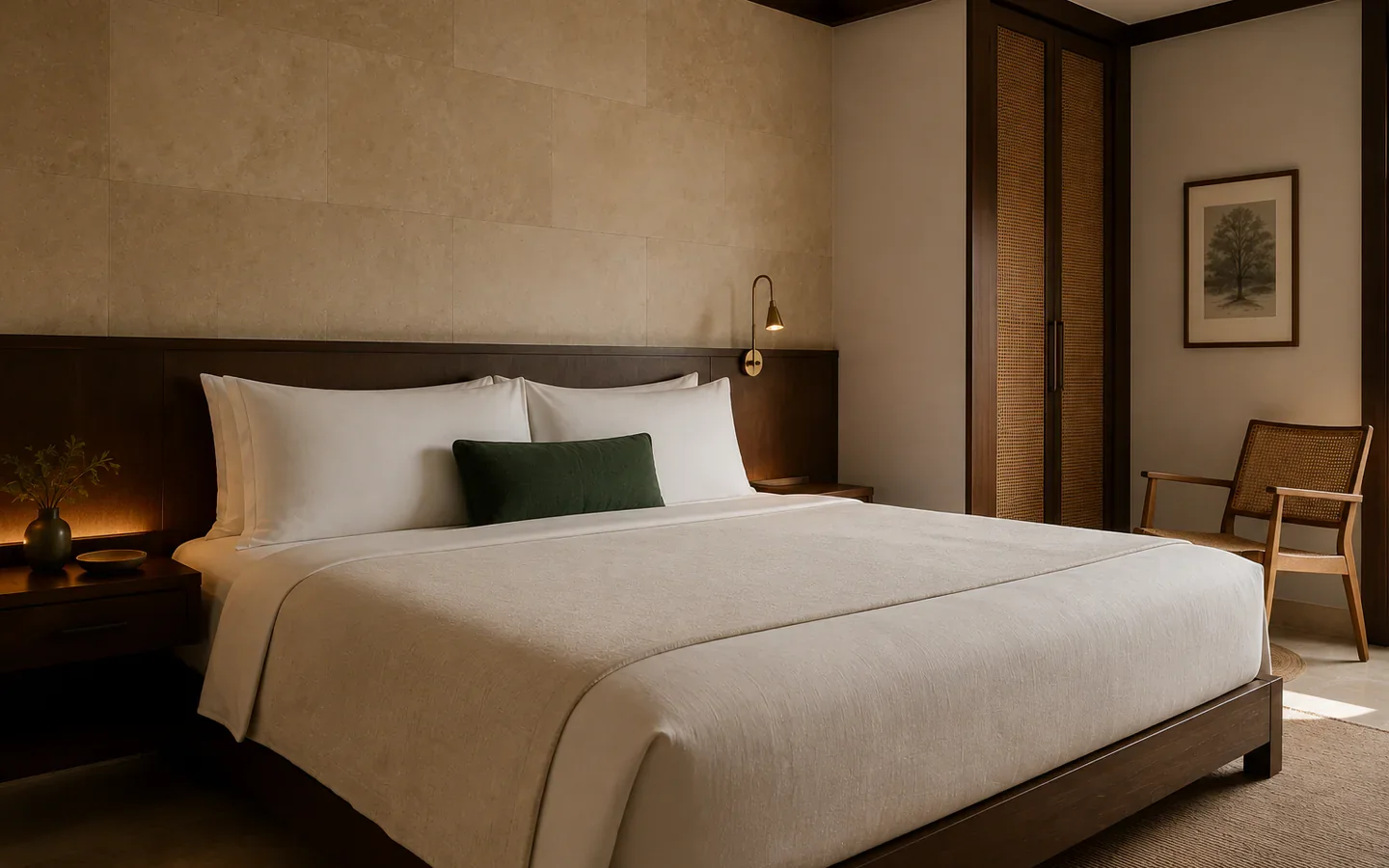 Fivestar Hotel Deluxe King Room king bed with limestone headwall and cane wardrobe