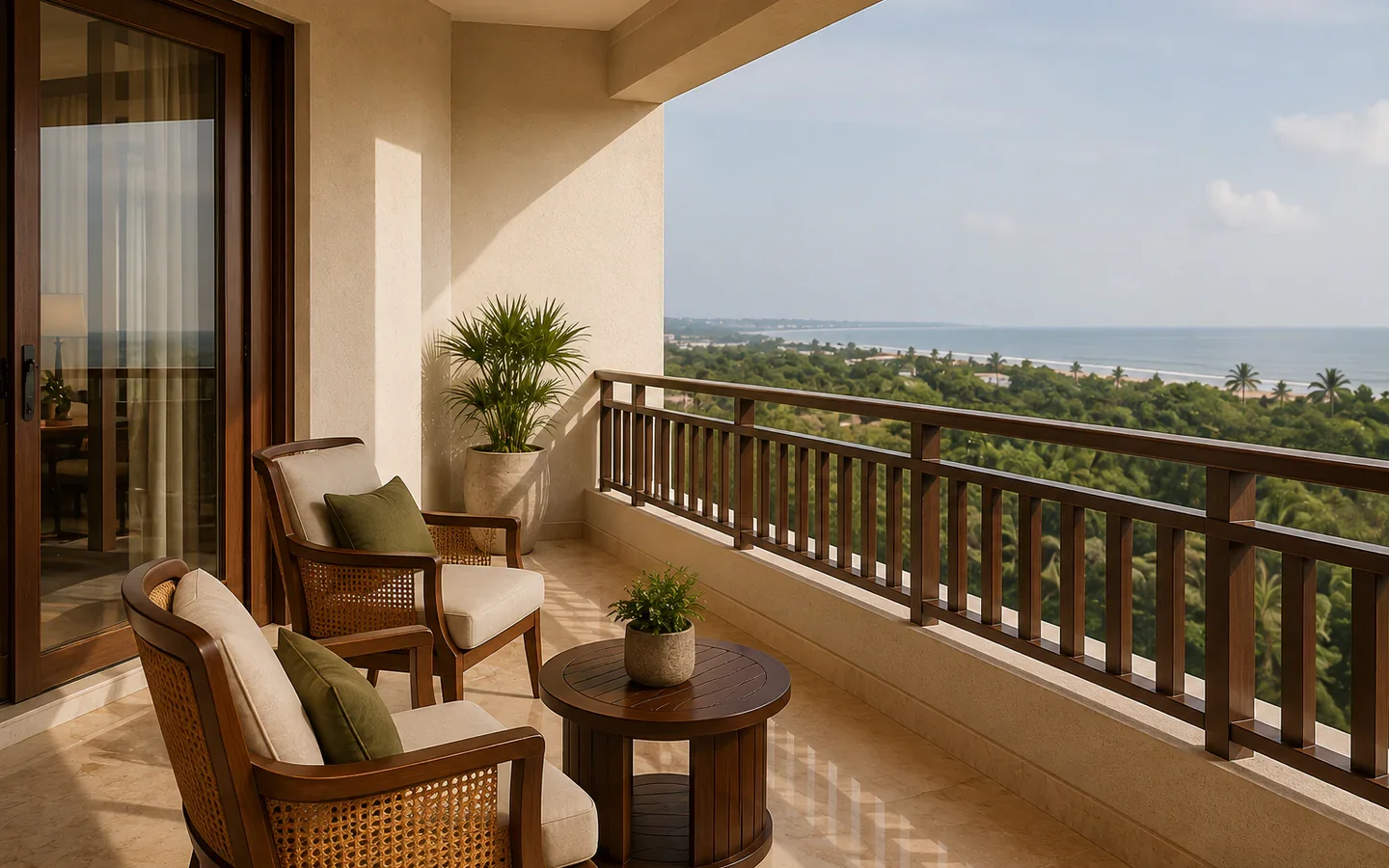 Fivestar Hotel Executive Suite balcony with cane chairs and coastal horizon