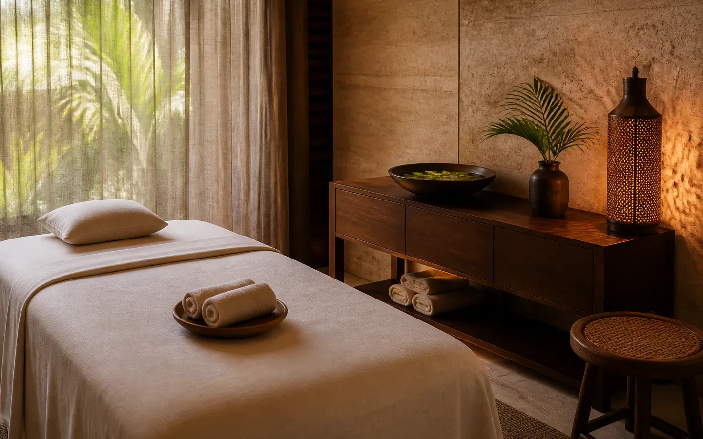 Fivestar Hotel spa treatment room with a linen-covered table, towels, and a leaf bowl