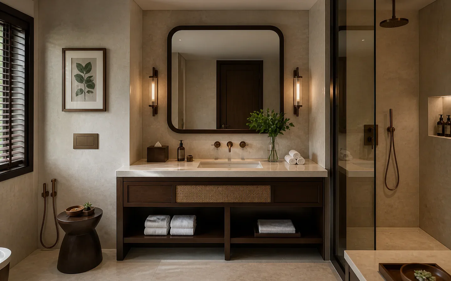 Fivestar Hotel Deluxe King Room bathroom with limestone vanity and glass rain shower