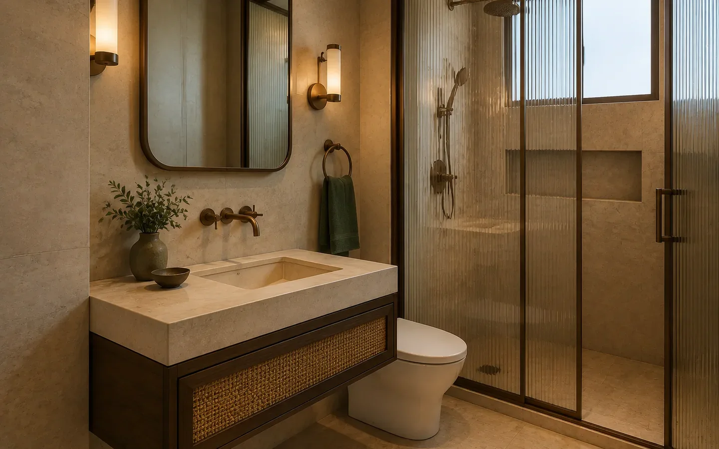 Fivestar Hotel Deluxe Twin Room bathroom with ribbed-glass shower and forest-green towel