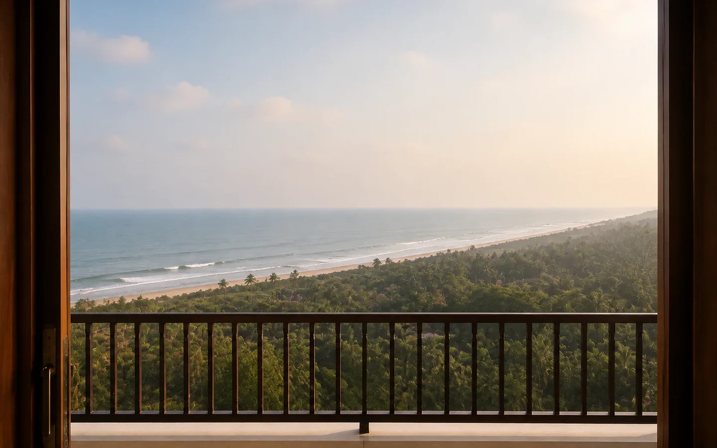 Fivestar Hotel Executive Suite coastal view through teak-framed balcony doors