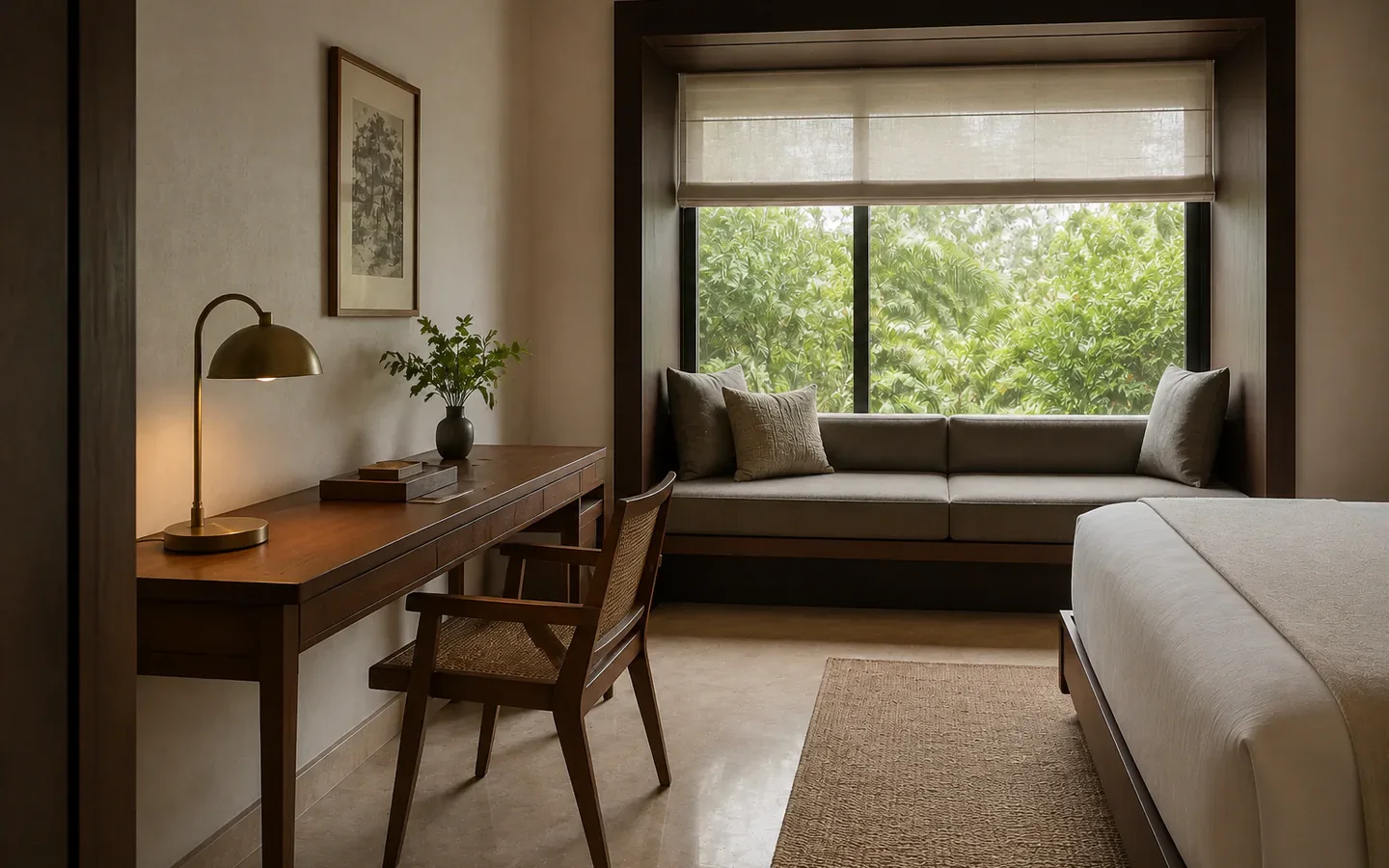 Fivestar Hotel Deluxe King Room teak workspace beside a cushioned garden window seat