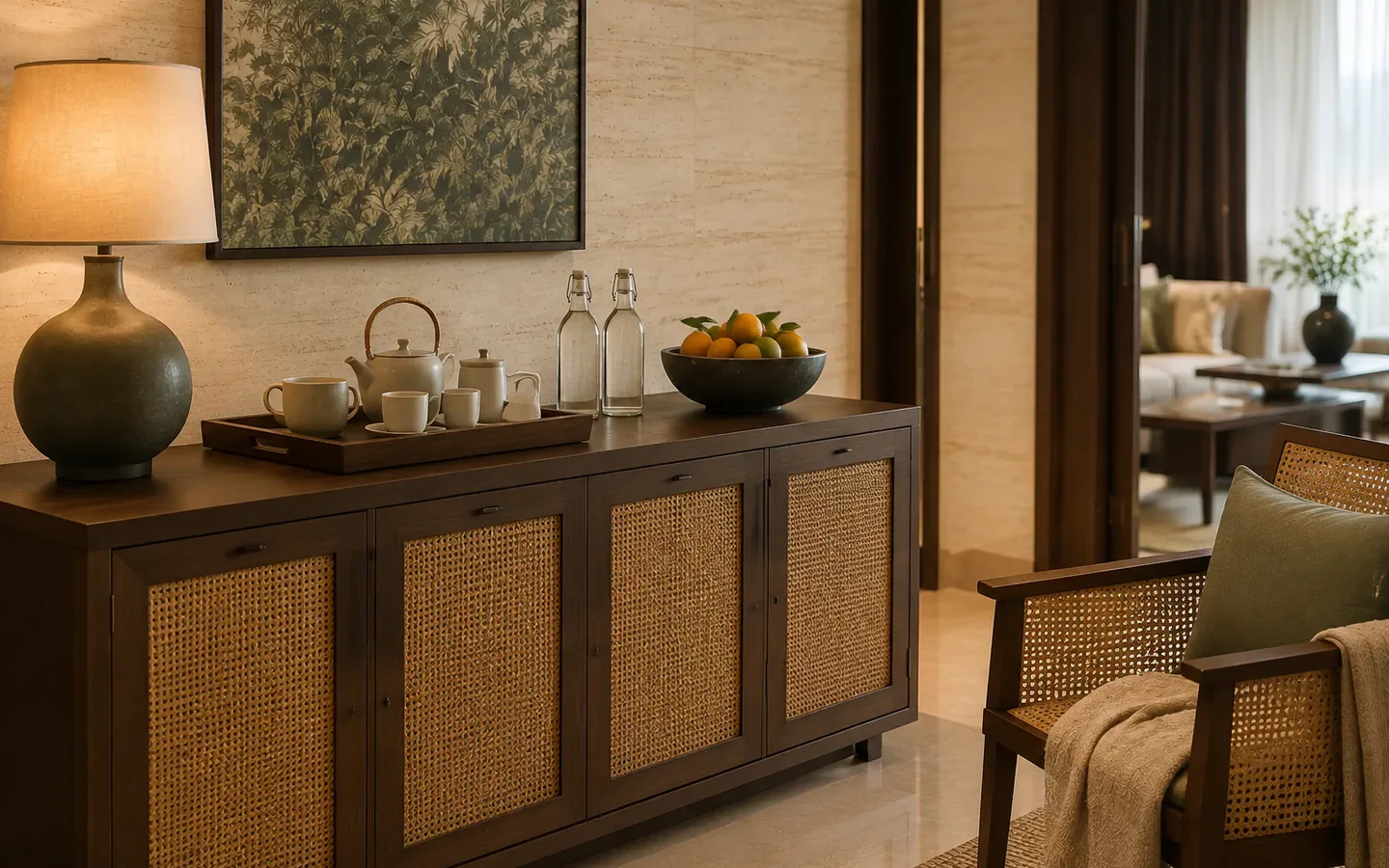 Fivestar Hotel Marina Family Suite tea service on a teak and cane refreshment credenza