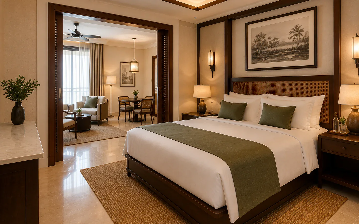 Fivestar Hotel Executive Suite king bedroom with lounge beyond